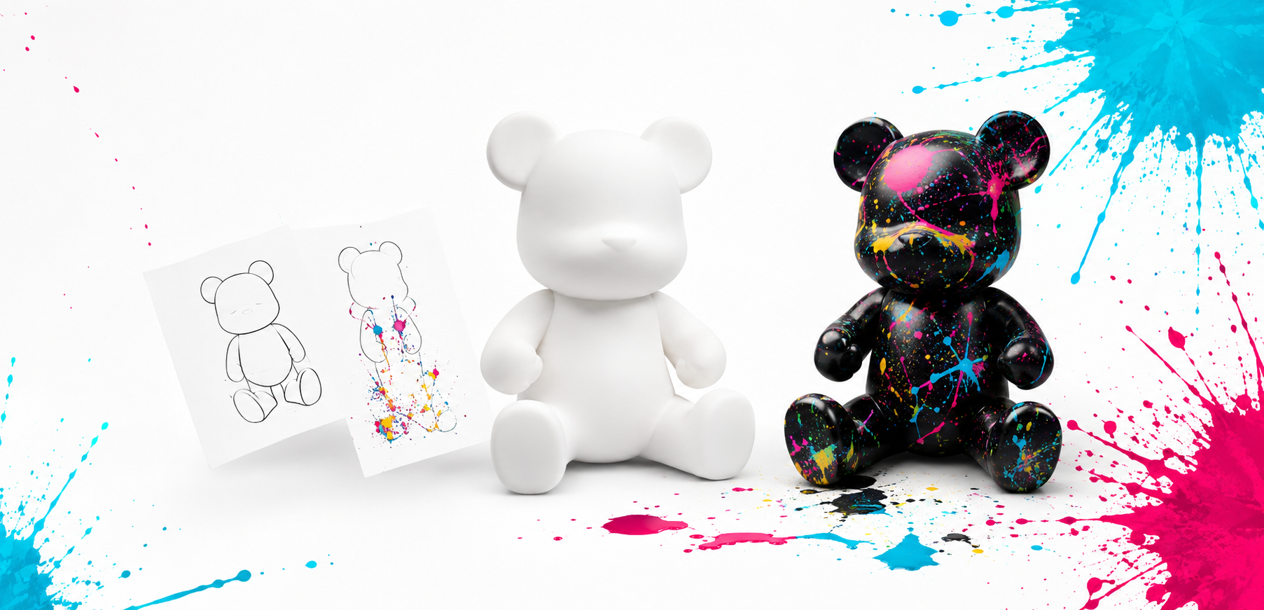 Design Bear figurák: vázlat, alap és kész festett maci